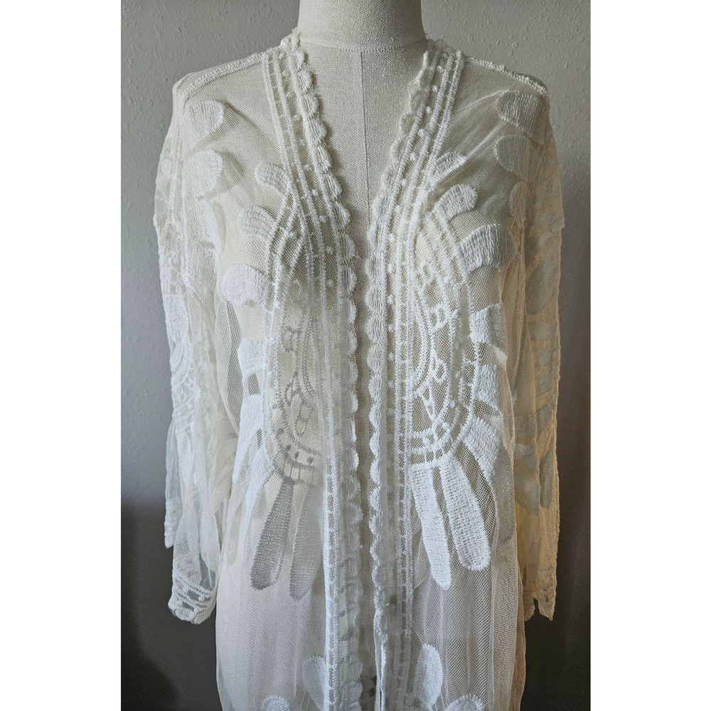 White Embroidered Lace Duster Kimono Long Coverup See through